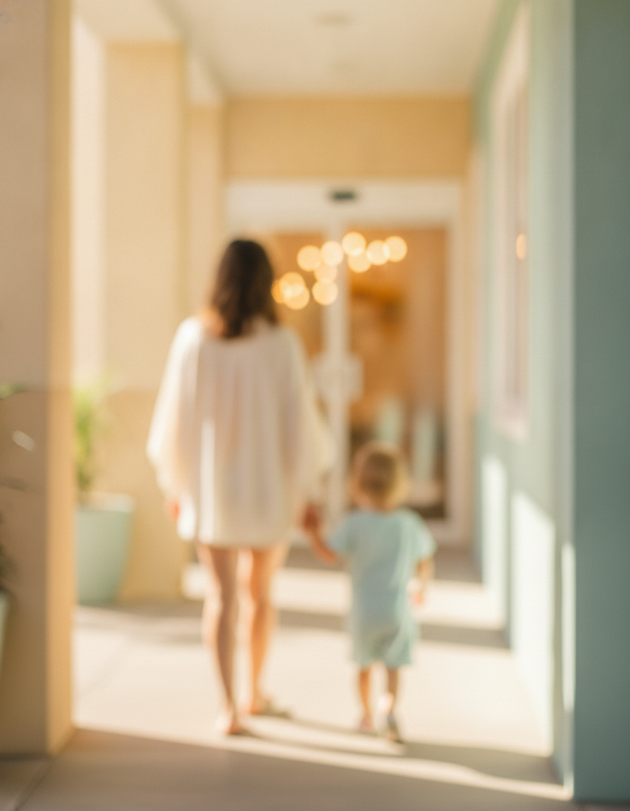 Mãe e criança chegando ao consultório