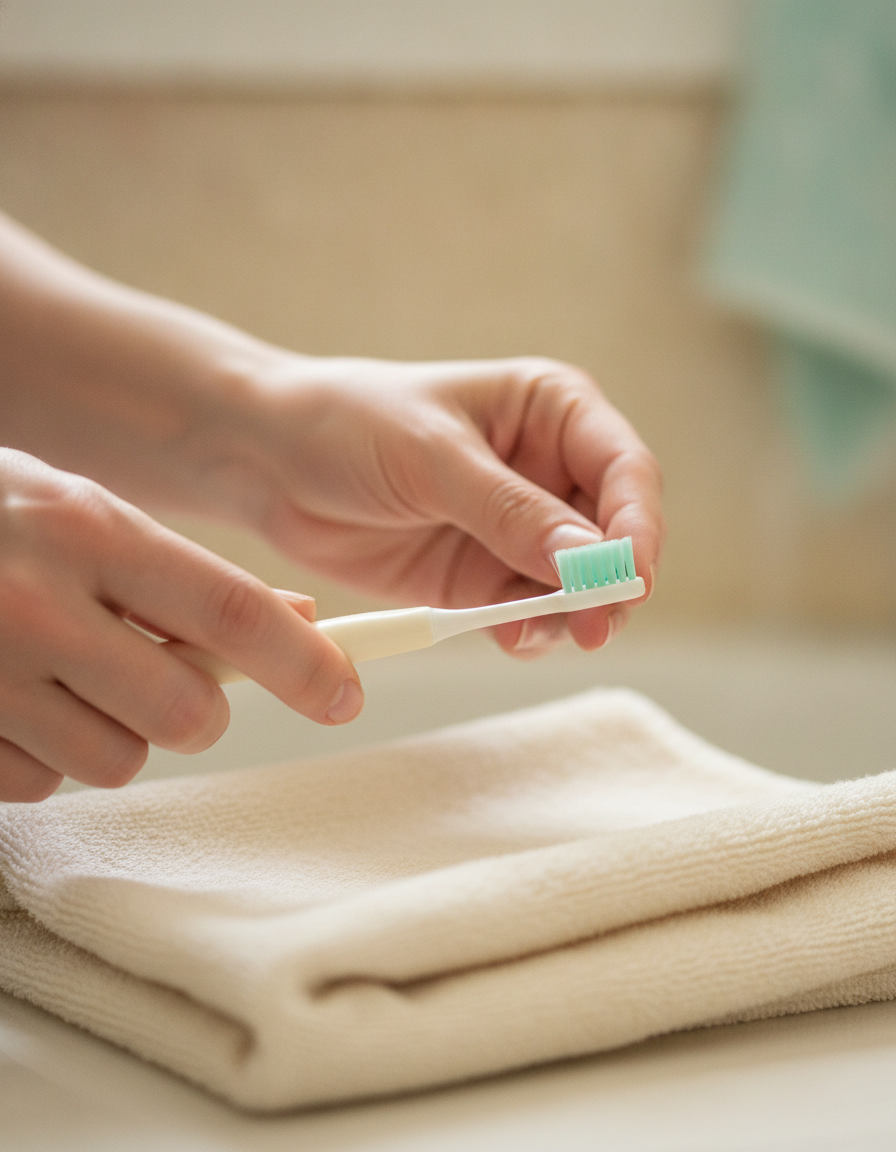 Mãos cuidadosas com uma escova de dente infantil